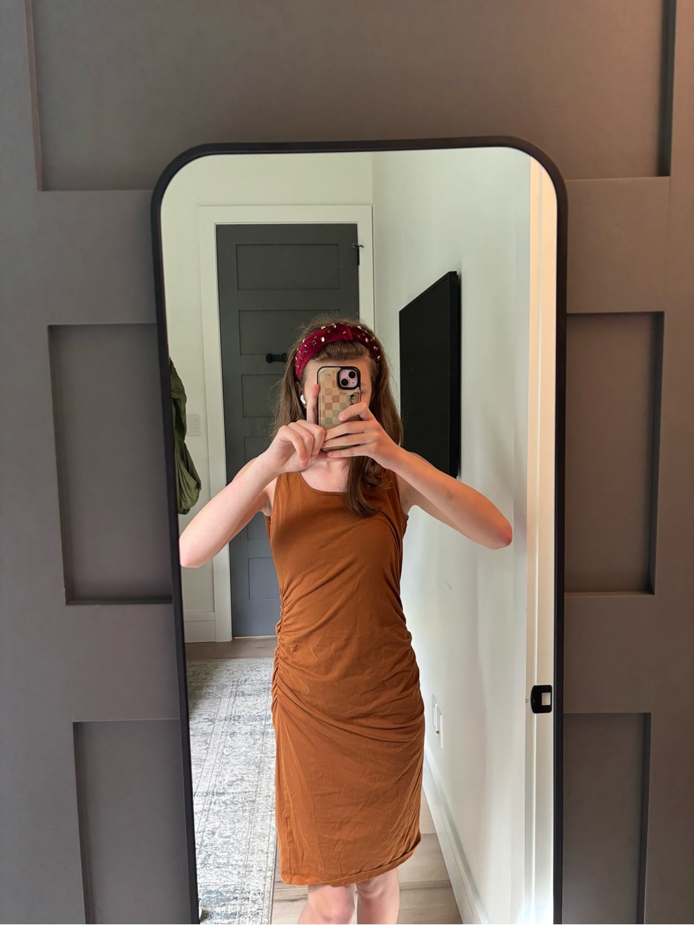 Rust-Orange Sleeveless Ruched Midi Dress